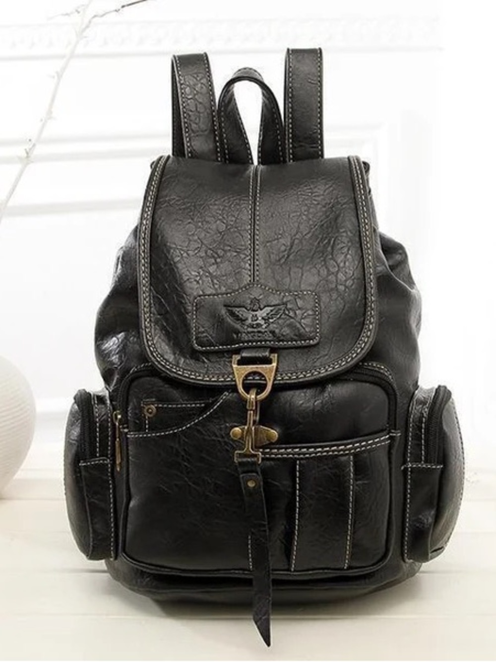 Yongle Vintage Black Faux-Leather Women’s Backpack